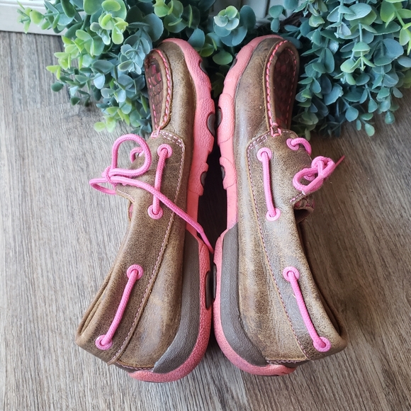 Twisted X Pink Brown Leather Cancer Awareness Weave Driving Mocs Womens Size 6.5 - Picture 4 of 8